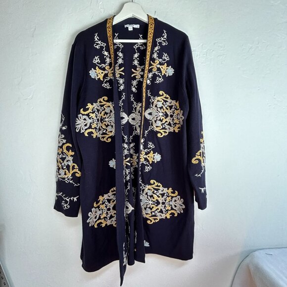Chico's Women's Embroidered Cardigan Sweater Size 3, US XL Navy Gold Open Front - Picture 1 of 7
